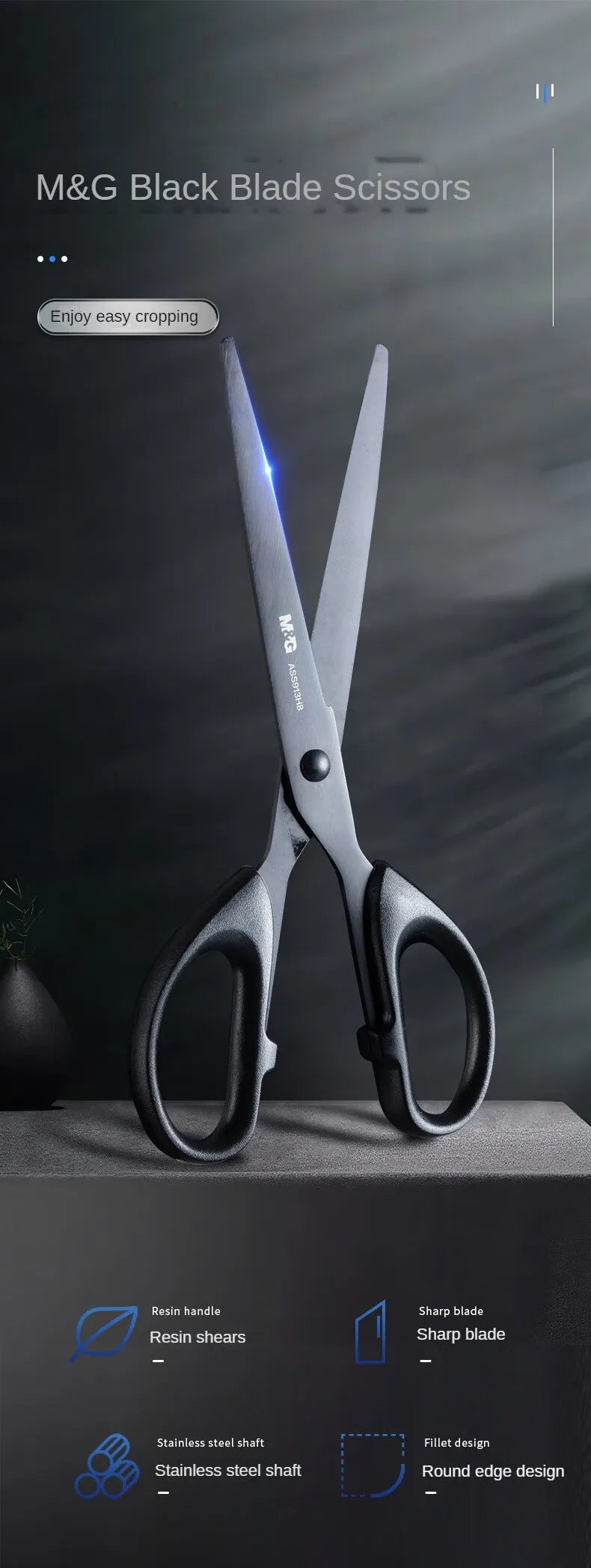 M&G 160mm Black Blade Scissors Wear-resistant Stainless Steel Blade Not Easy to Glue Household Manual Life Durable Scissors